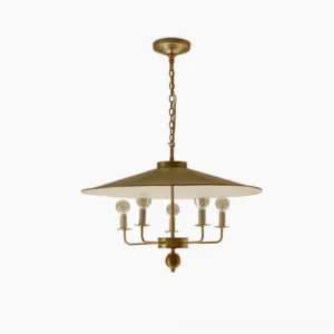 Gideon brass pendant chandelier with wide disc shade, five-light mid-century modern design, antique brass finish