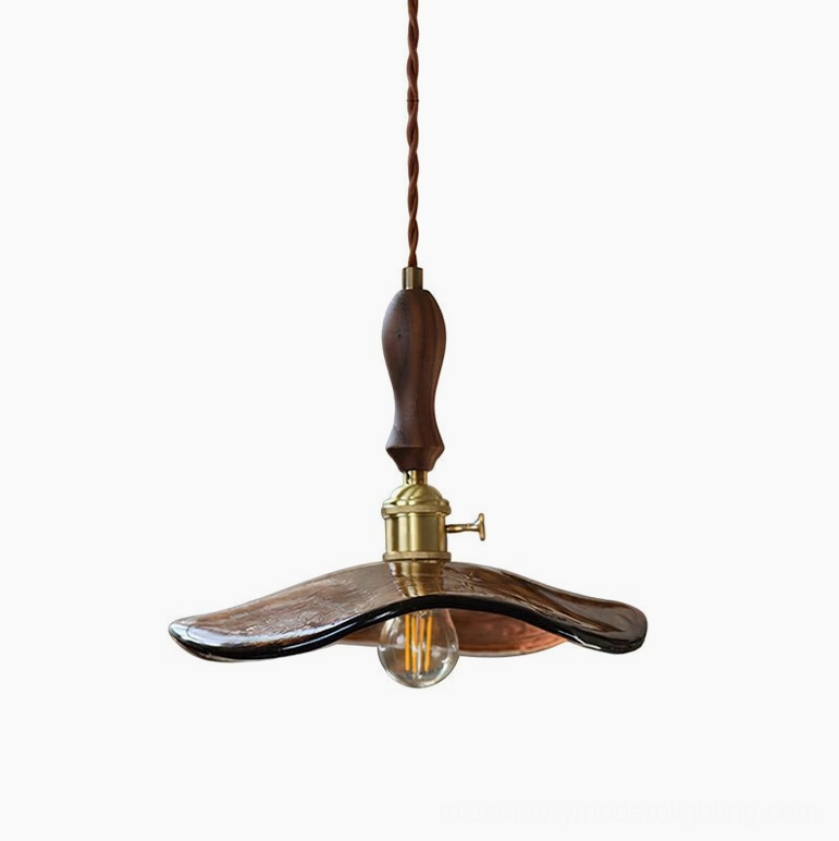 Gideon glass pendant light 11 inches diameter 8.7 inches height brown walnut finish front display for product catalog