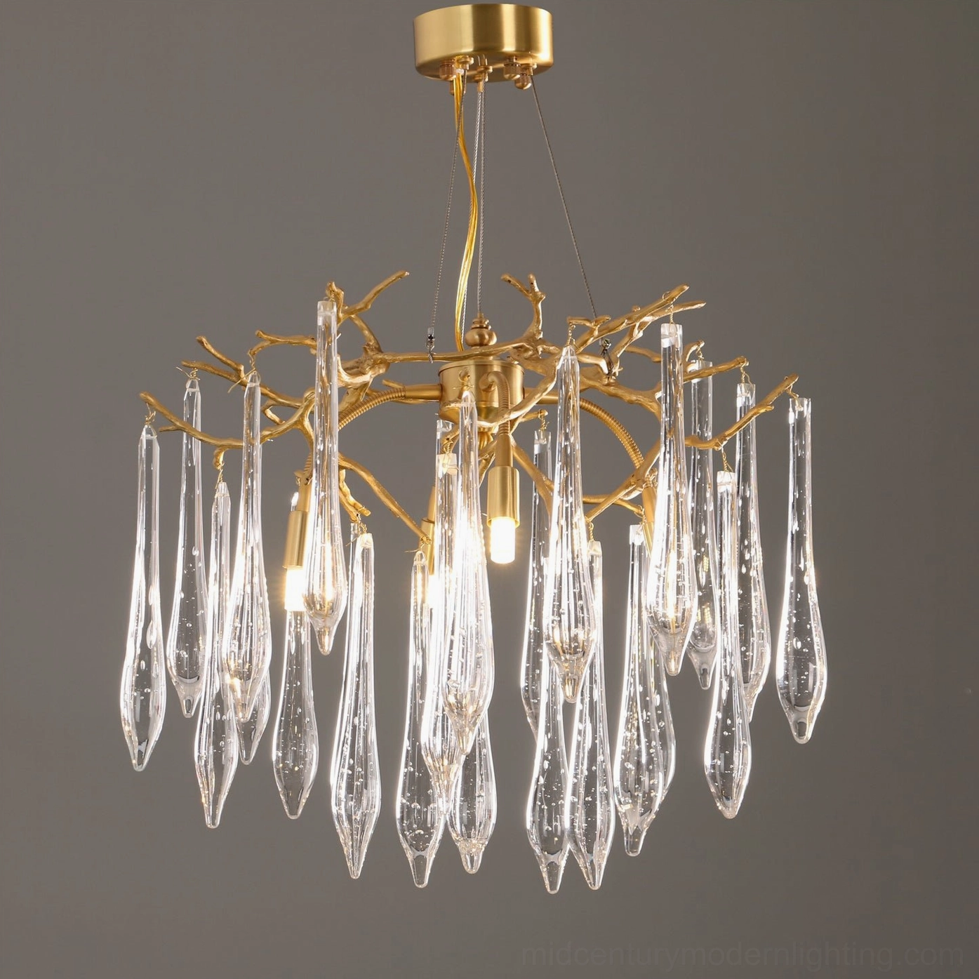 Complete Gieslinde Branch Chandelier with all crystal pendants installed in dark gray background