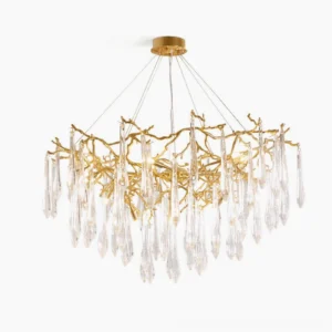 Gieslinde Branch Chandelier full front view with water-drop crystal pendants in brass gold finish