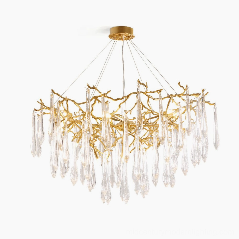 Gieslinde Branch Chandelier full front view with water-drop crystal pendants in brass gold finish