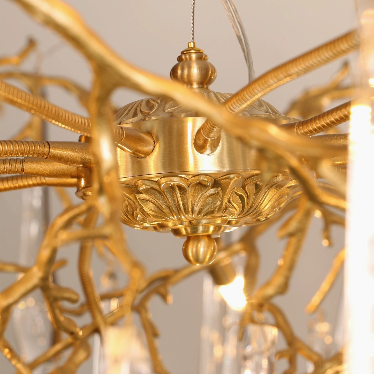 Brass ceiling mounting hardware and upper branch structure of Gieslinde Crystal Chandelier