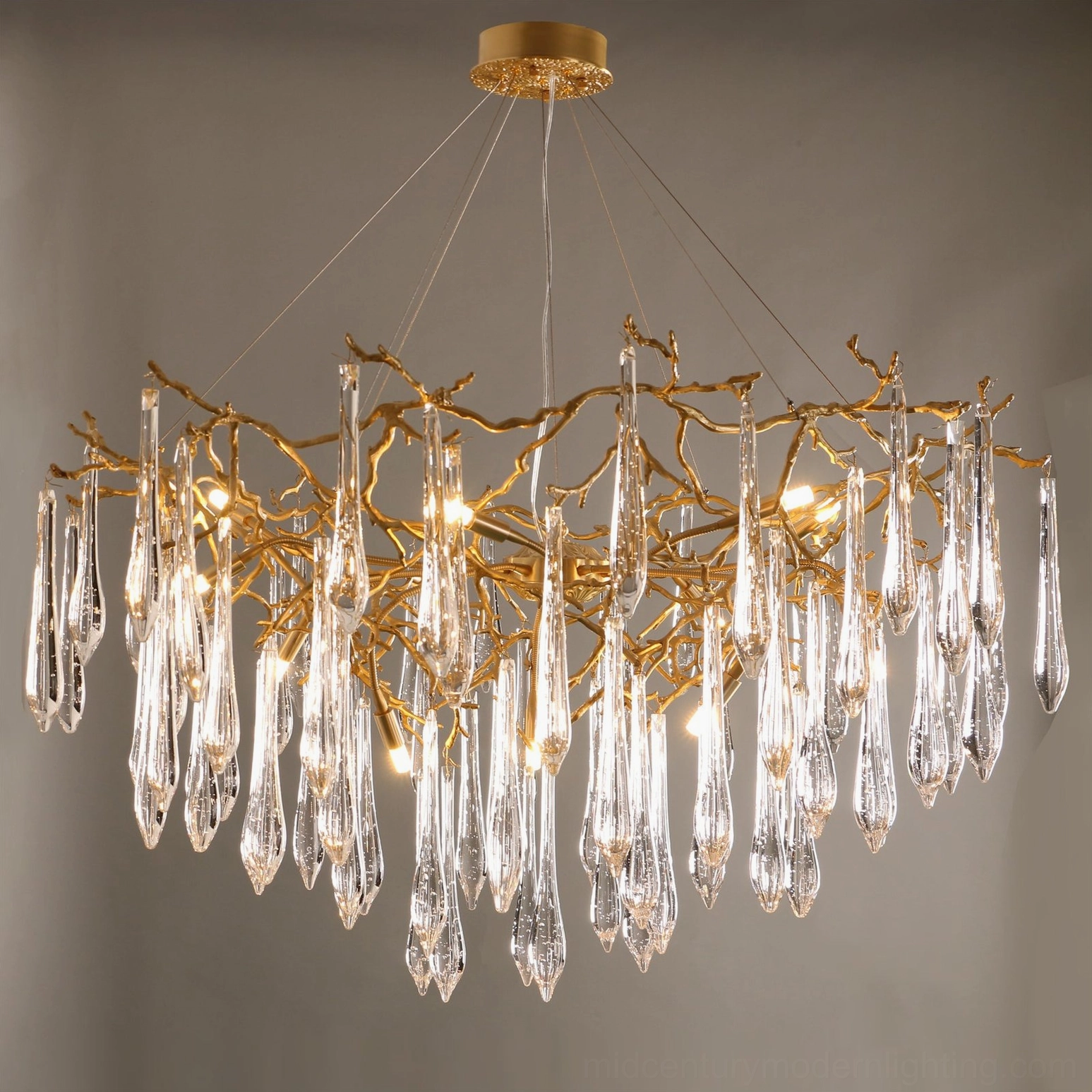 Overhead top-down view of Gieslinde Branch Chandelier showing branch structure and lit bulbs