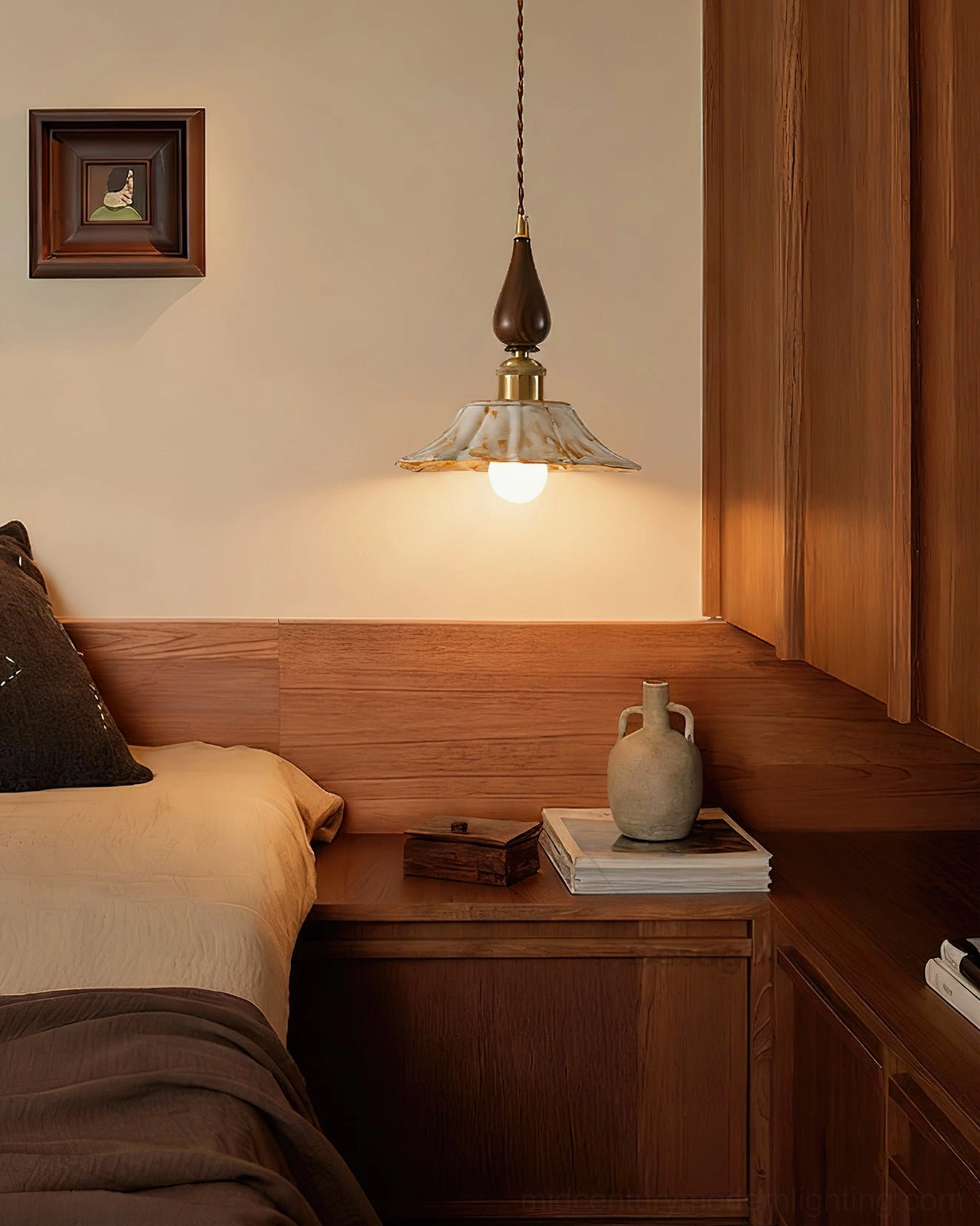 Handcrafted ceramic pendant light in bedroom with wooden furniture and mid-century aesthetic