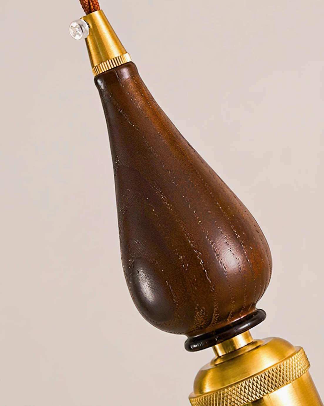 Vintage-inspired Gigaro pendant light brass mounting hardware and dark wood grain close-up detail