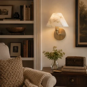 Gilda wall sconce in reading corner, warm alabaster light creating intimate glow in traditional home setting