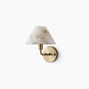 Gilda alabaster wall sconce with brushed brass backplate, front studio view showing tapered stone shade and circular mounting plate