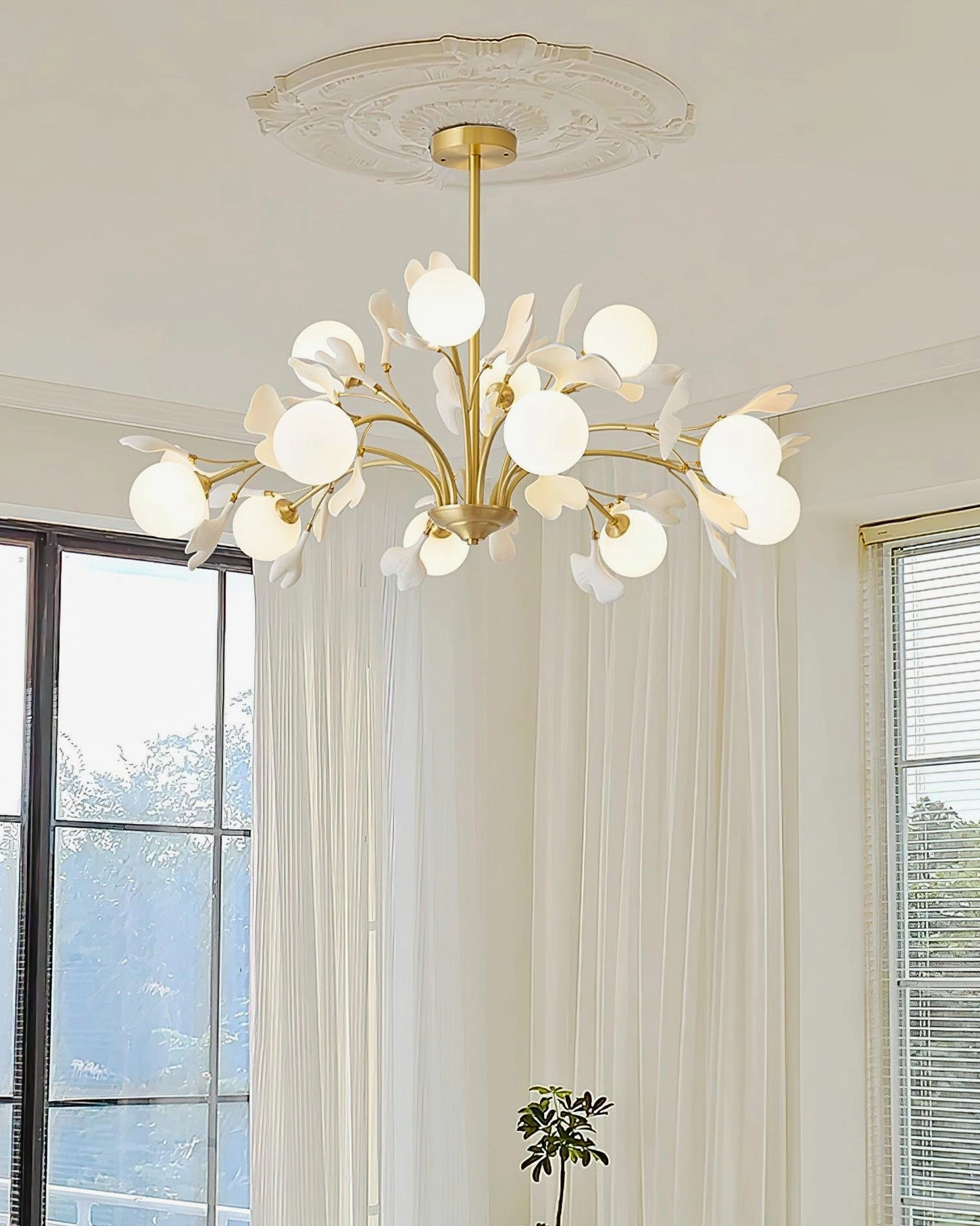 Twelve-head gingko chandelier grand foyer installation overhead view