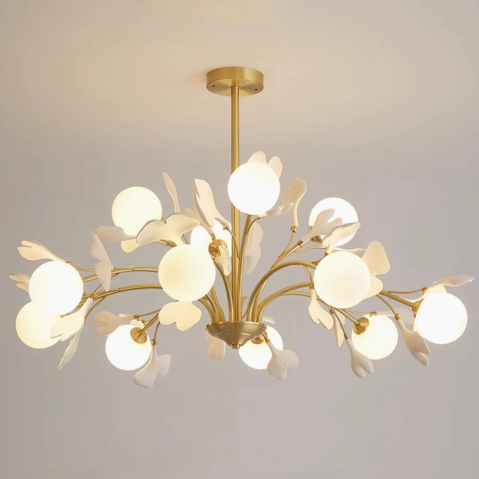 Twelve-head gingko chandelier grand statement fixture overhead architectural view