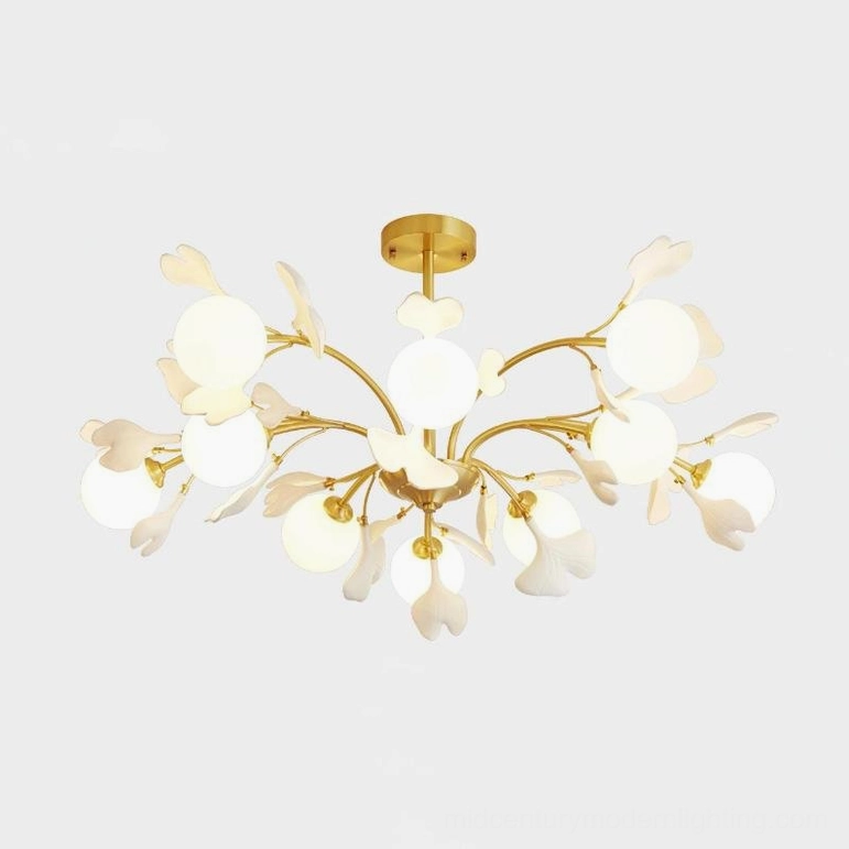 Gingko chandelier twelve-head grand brass ceramic glass premium materials