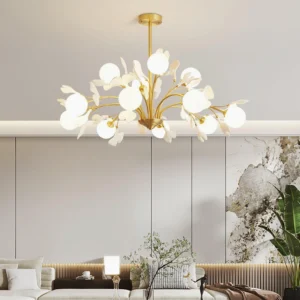 Six-head gingko chandelier suspended in modern bedroom with warm ambient lighting, eye-level interior perspective