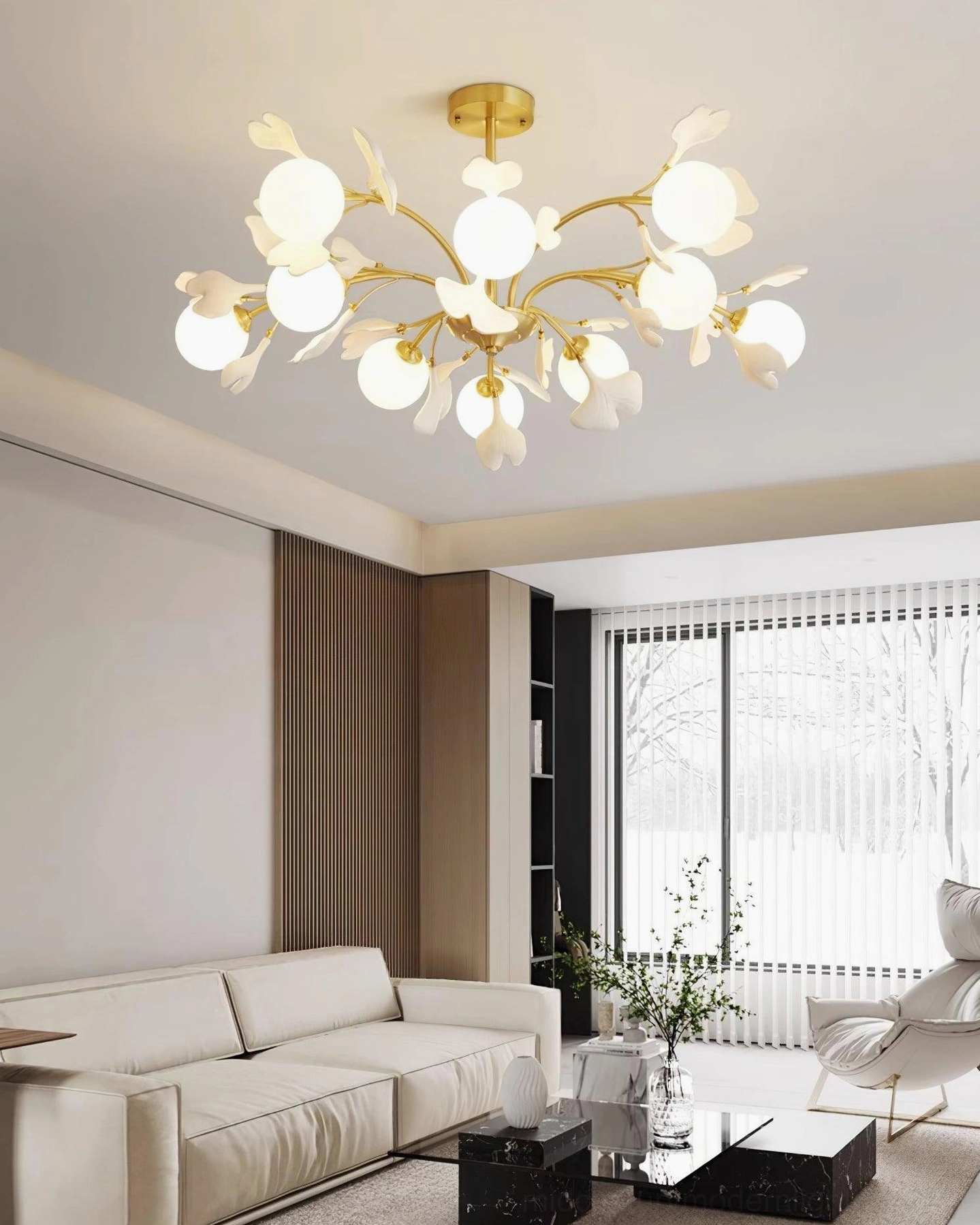 Gingko chandelier six-head bracket and hanging rod assembly detail