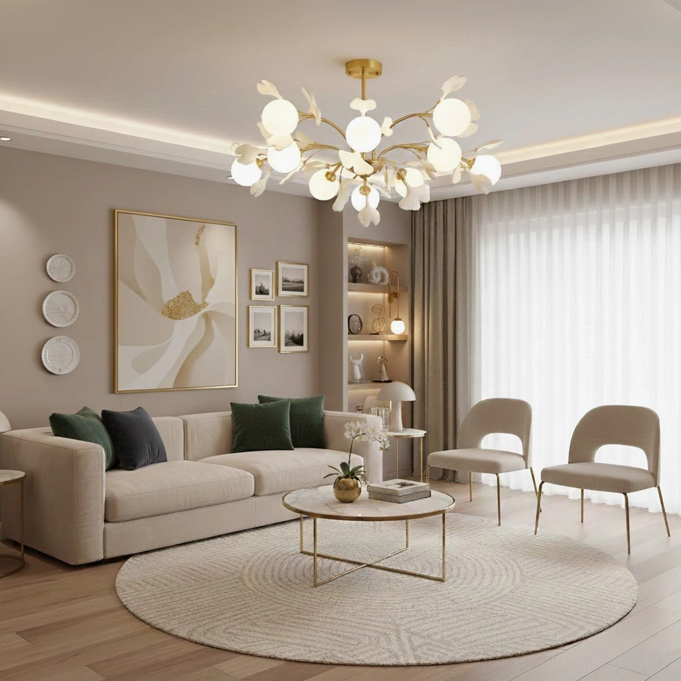 Eight-head gingko chandelier overhead view in open-plan modern living room with neutral tones
