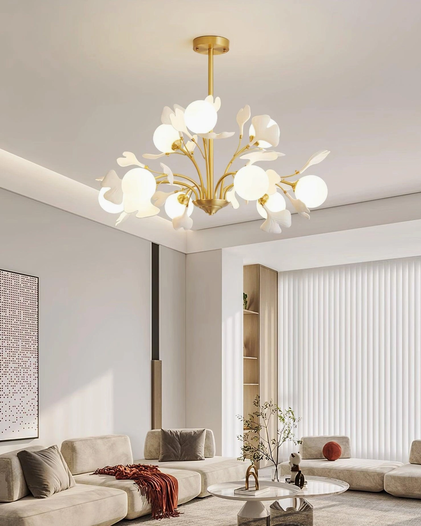 Gingko chandelier eight-head wider canopy spread brass framework