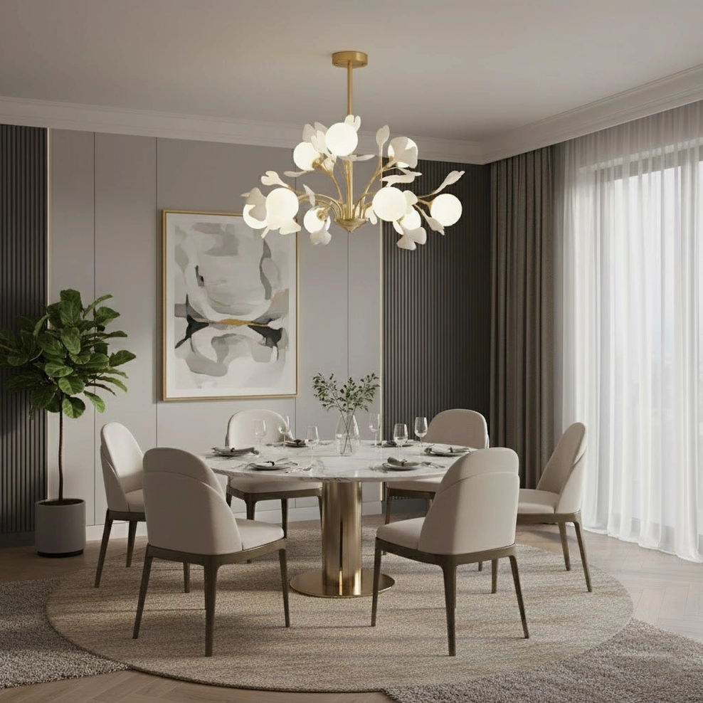 Nine-head gingko chandelier overhead in formal dining room with round table and area rug