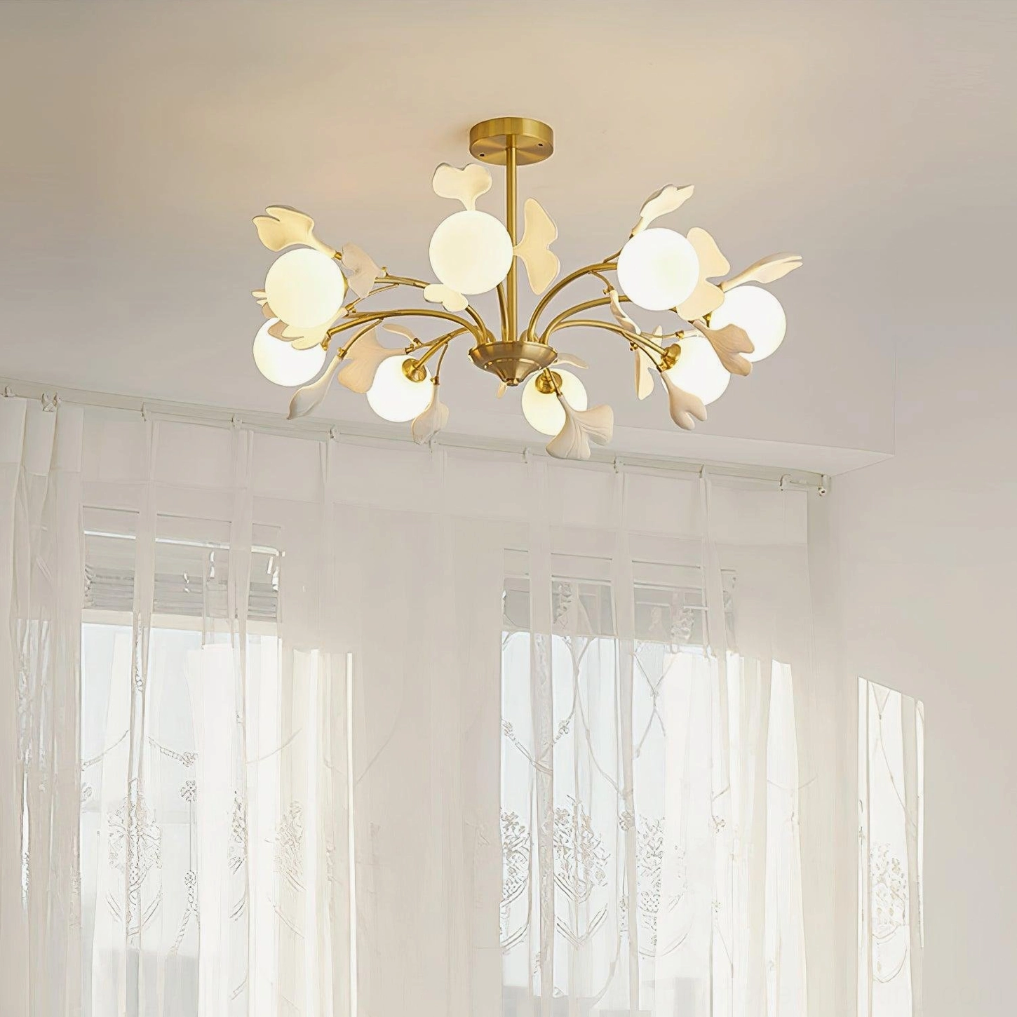 Nine-head gingko chandelier multi-tier configuration showcasing vertical design elements