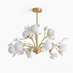 Gingko chandelier with six brass branches and ceramic gingko leaves with frosted glass globes, studio overhead view