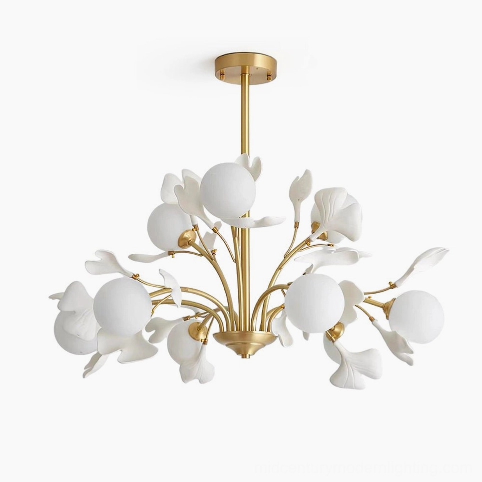Gingko chandelier with six brass branches and ceramic gingko leaves with frosted glass globes, studio overhead view