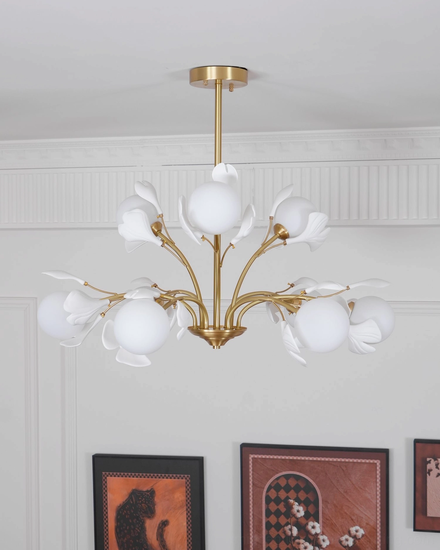 Gingko chandelier complete assembly view all materials brass ceramic glass