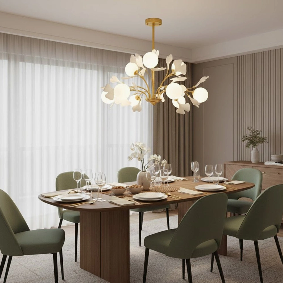 Gingko chandelier in modern dining area with green upholstered chairs and dark wood table
