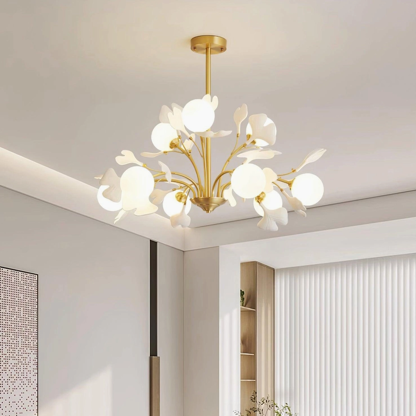 Gingko chandelier glass globe frosted diffuser detail and brass globe holder