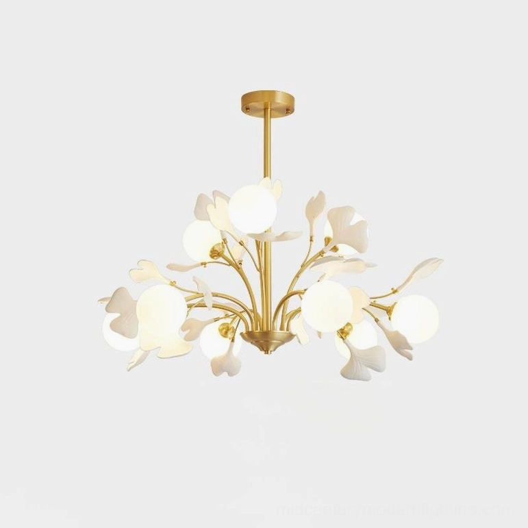 Gingko chandelier hand-crafted brass branch structure organic botanical form