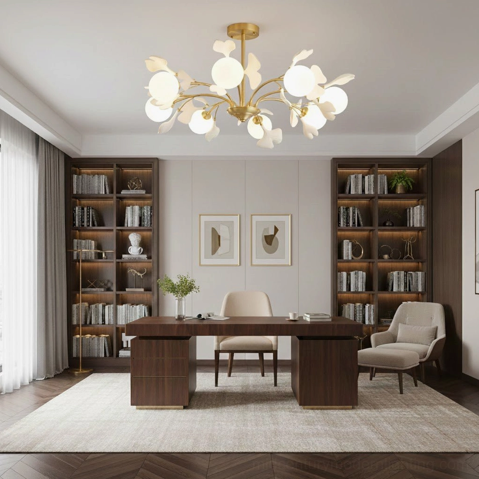 Gingko chandelier in luxury home office with dark wood furniture and elegant decor