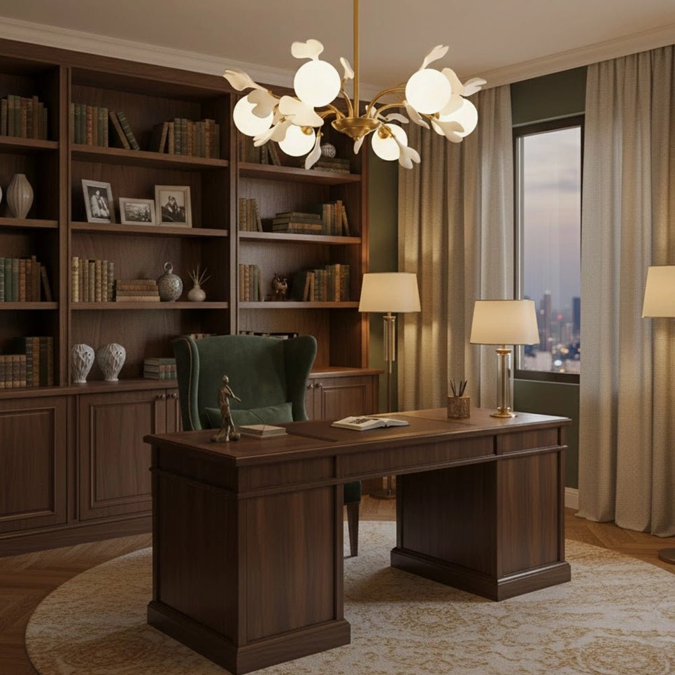 Gingko chandelier in luxury home study with velvet office chair and built-in bookshelves