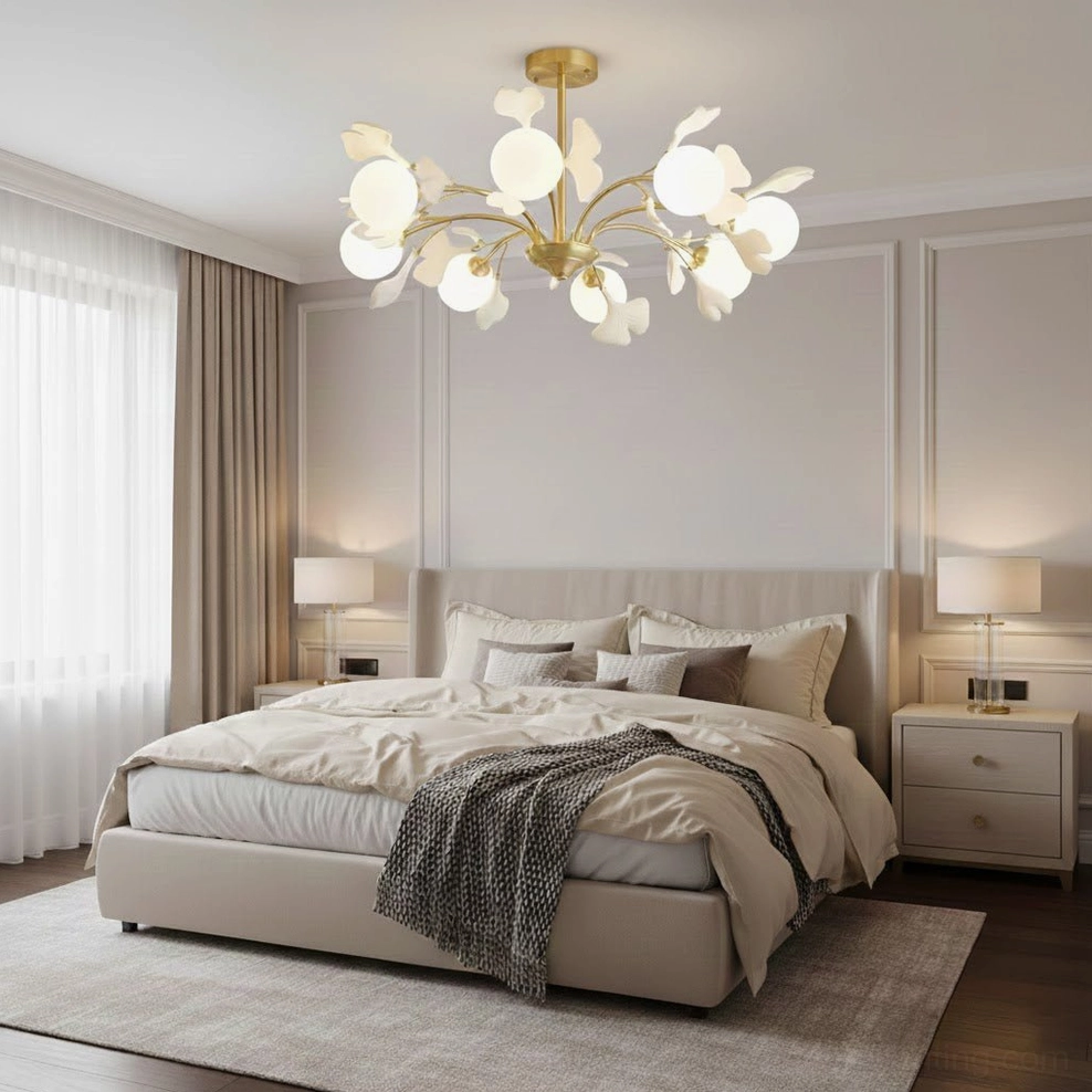 Gingko chandelier casting soft light in master bedroom with calming neutral bedding
