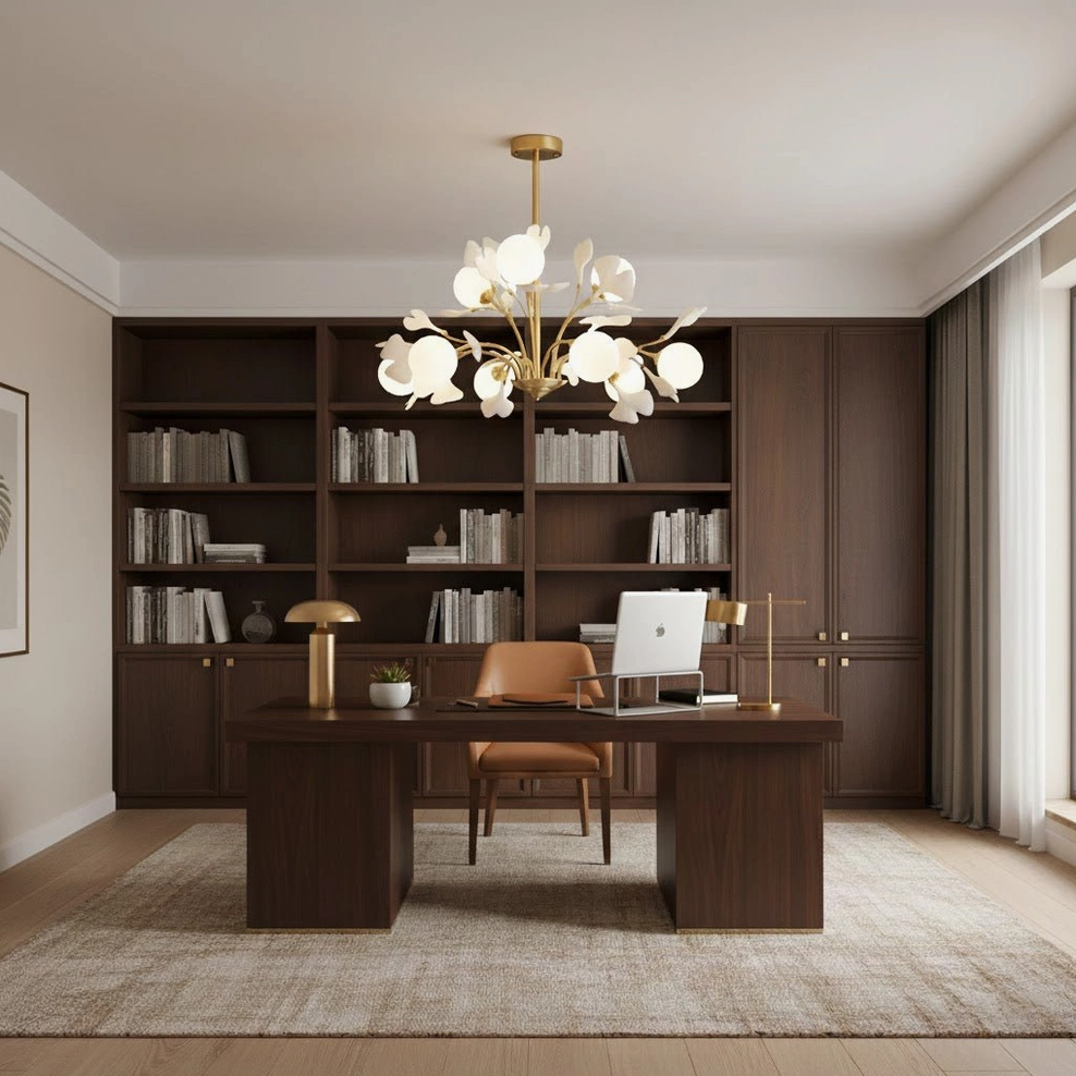 Gingko chandelier suspended in minimalist home office with wooden desk and architectural bookcases