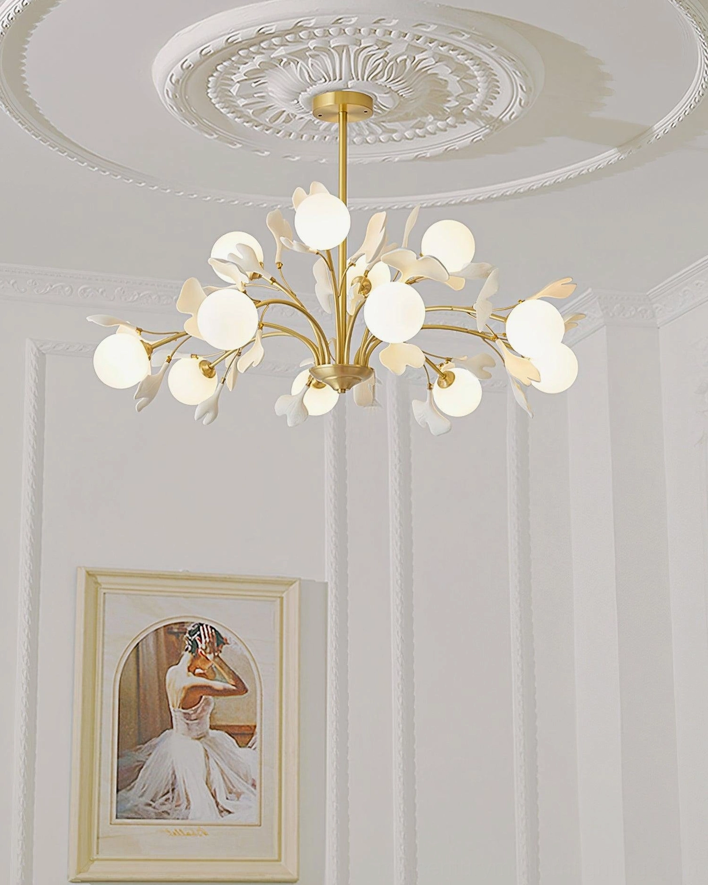 Gingko chandelier warm ambient light distribution from frosted glass spheres
