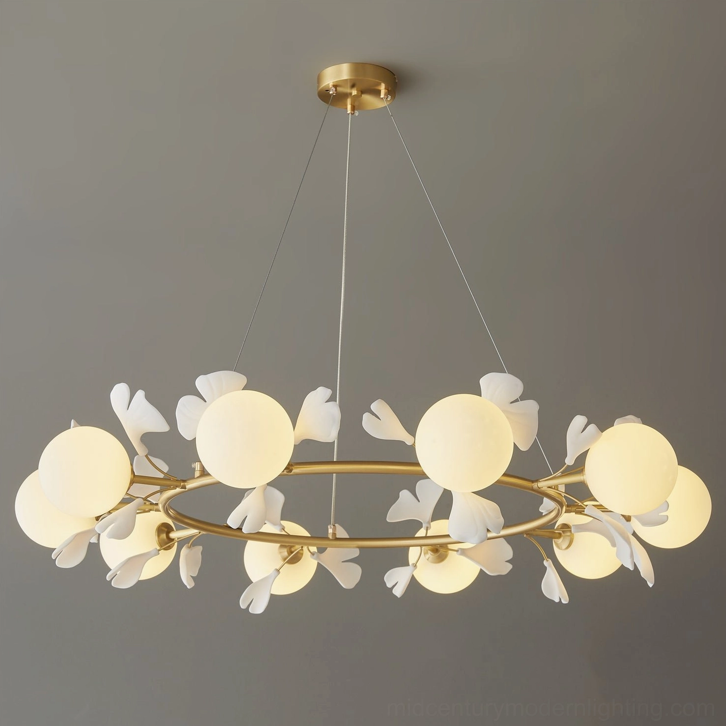 Brass ginkgo chandelier side view frosted glass shades pendant lighting