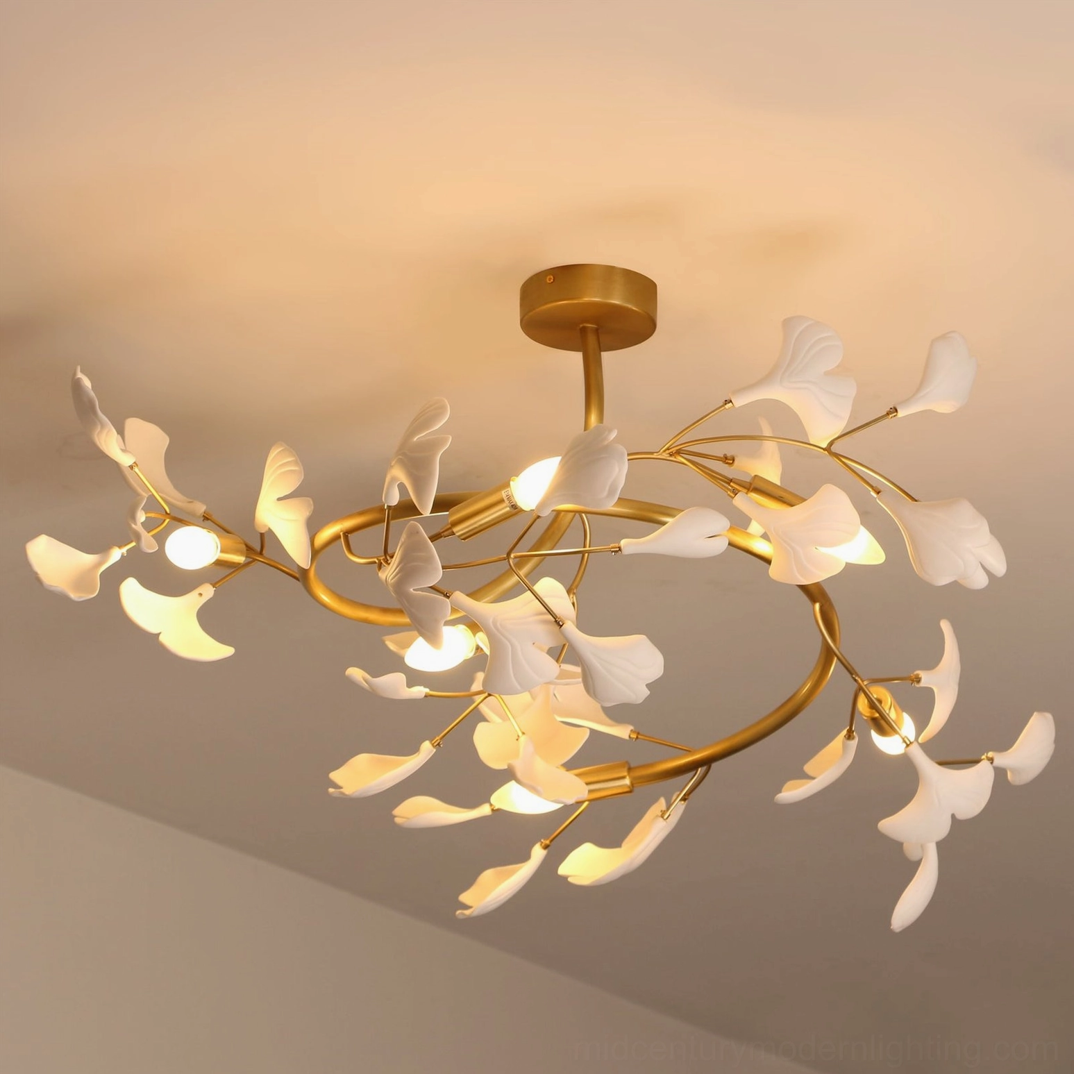 Ginkgo ceiling lamp architectural detail showing mid-century modern organic design