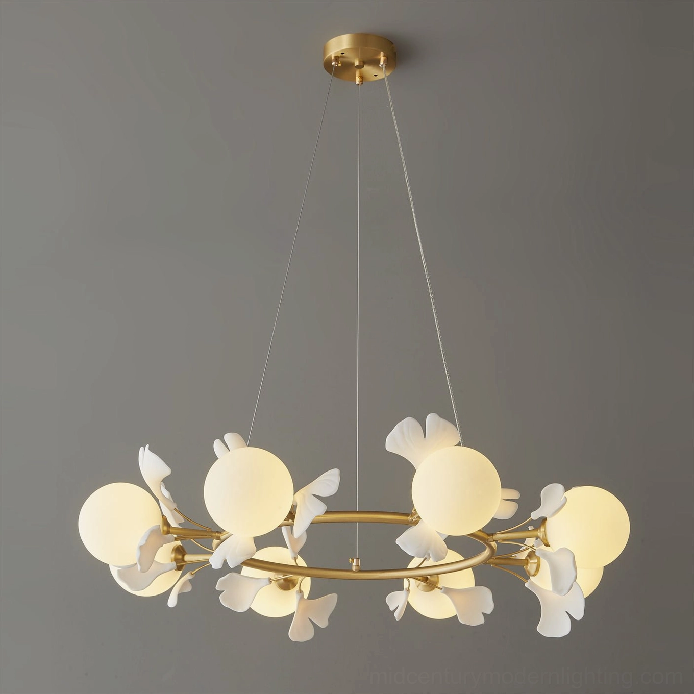 Ginkgo leaf brass chandelier complete assembled fixture ready to install
