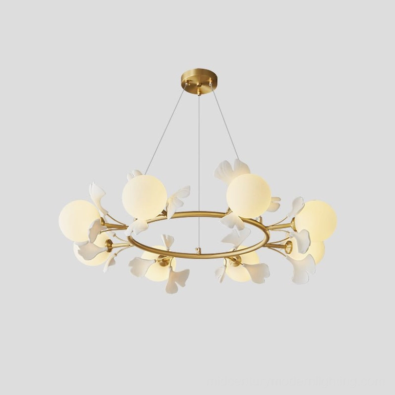 Eight-head ginkgo leaf chandelier standard brass pendant light fixture
