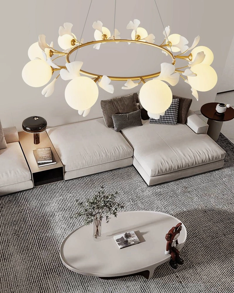 Modern ginkgo leaf chandelier in contemporary living room setting