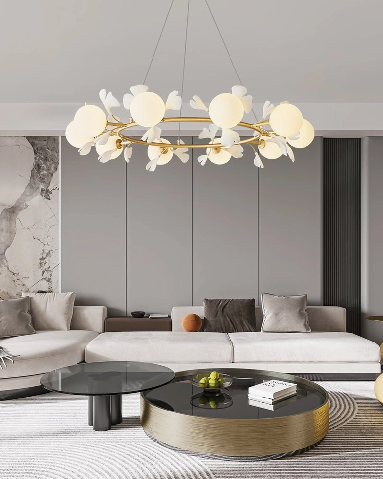 Ginkgo leaf chandelier minimalist modern home with coffee tables