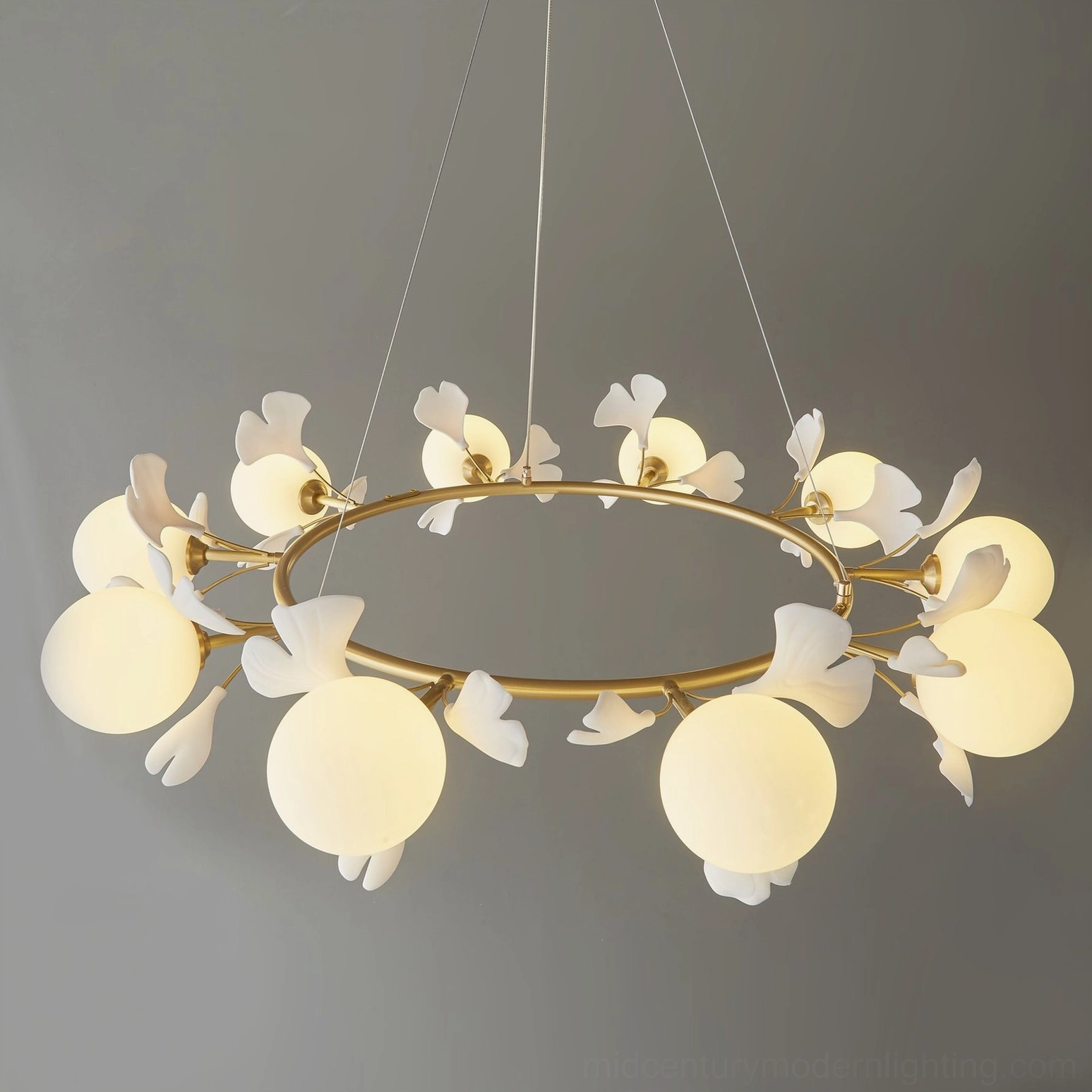 Ginkgo leaf chandelier overhead view showing evenly arranged light sources