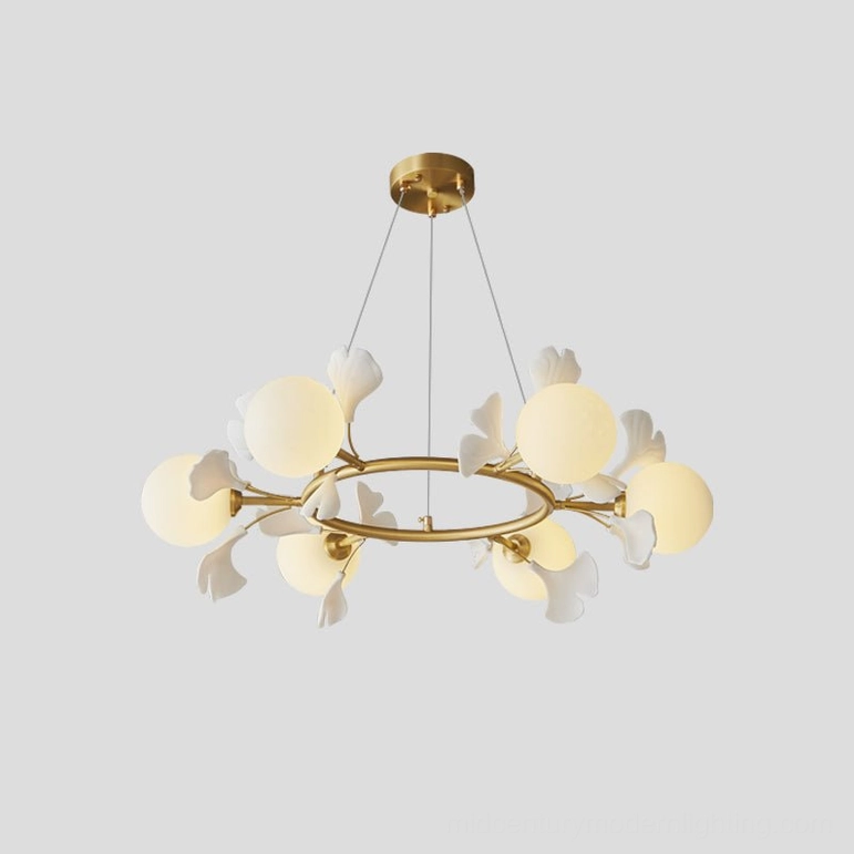 Six-head ginkgo leaf chandelier intimate brass pendant configuration