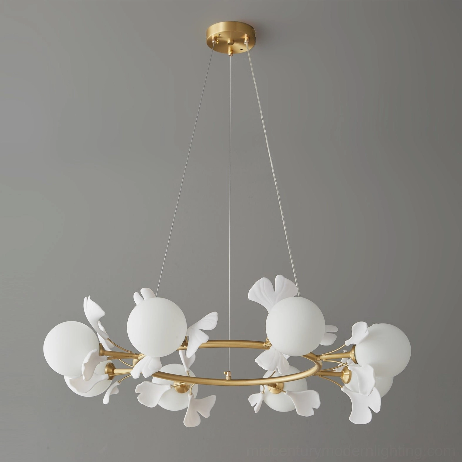 Modern ginkgo leaf chandelier suspension cable mounting detail