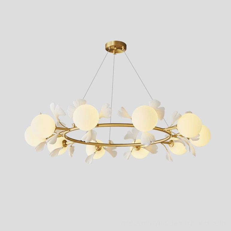 Ten-head ginkgo leaf chandelier large statement brass pendant light