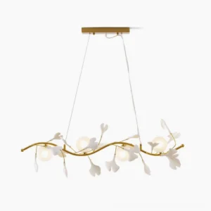 Ginkgo Glass Chandelier overhead studio view showing precision-cut ginkgo-leaf glass plates arranged along brass linear branch