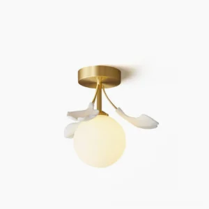 Modern ginkgo leaf ceiling lamp with brass finish and frosted glass globe - front studio view