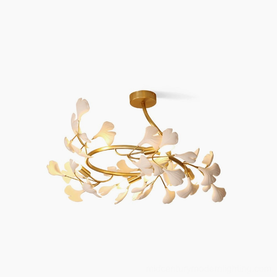Ginkgo leaf ceiling lamp brass and white mid-century modern chandelier studio view