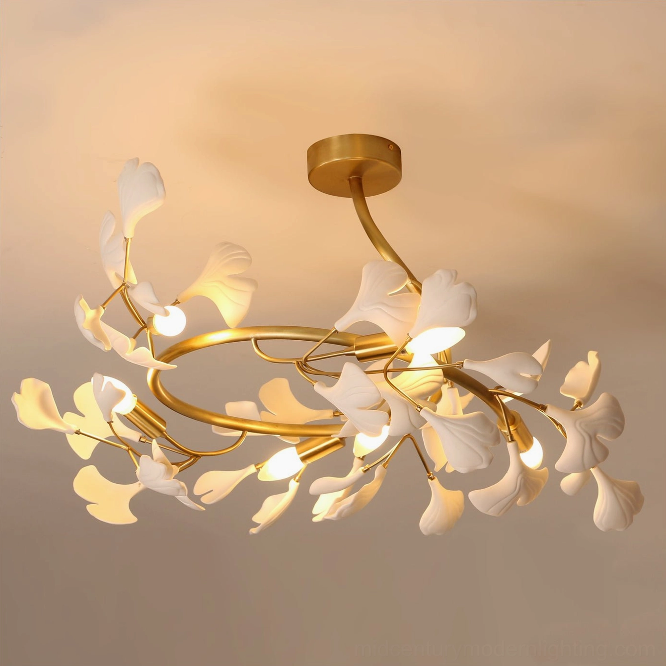 Full view of ginkgo leaf ceiling lamp showing all six branches and ceramic accents