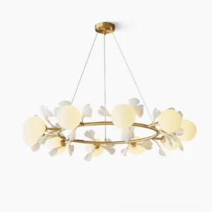Ginkgo leaf brass chandelier overhead view modern round pendant light fixture