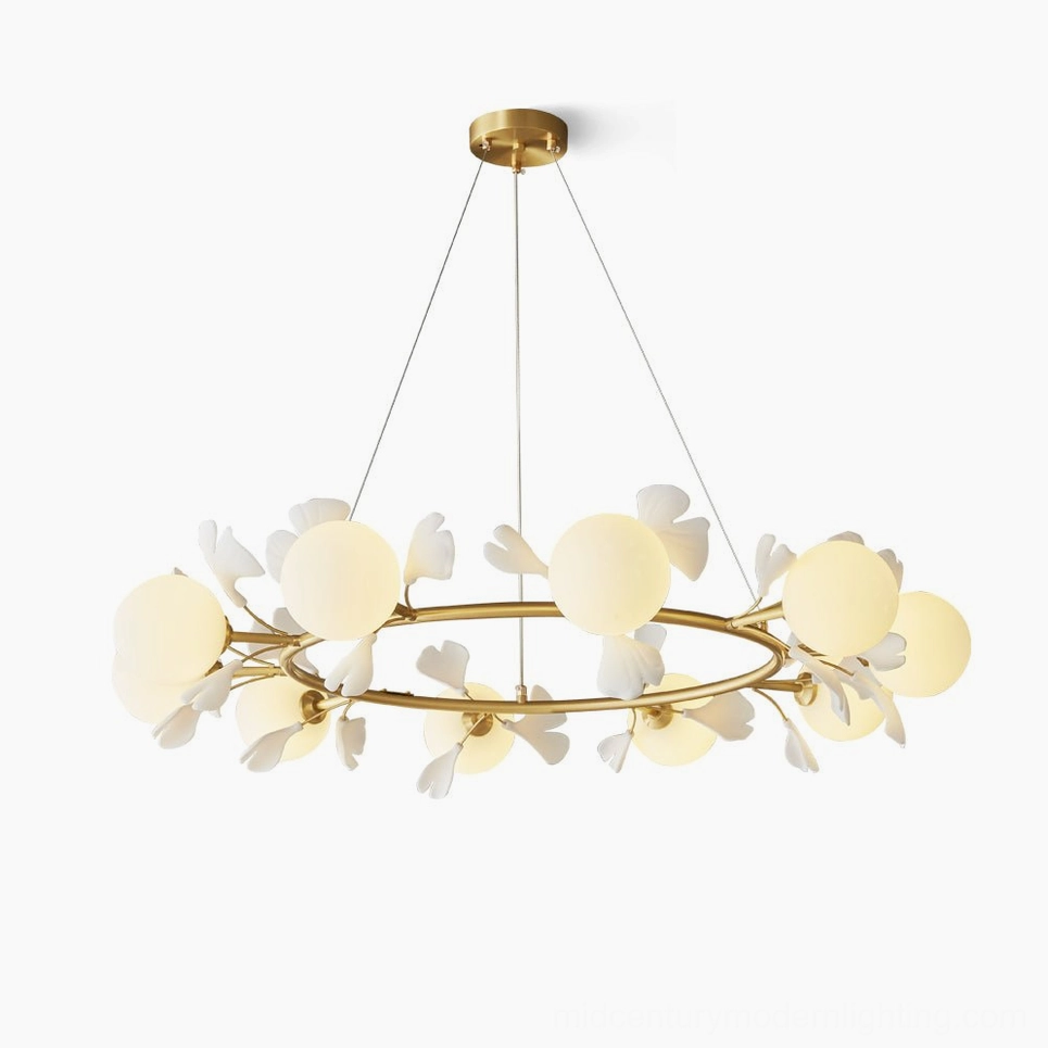 Ginkgo leaf brass chandelier overhead view modern round pendant light fixture