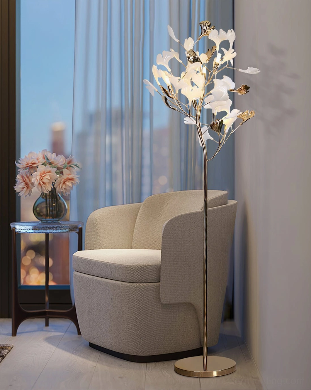 Ginkgo Leaf Floor Lamp beside armchair in contemporary lounge, window backdrop, gold metal pole, round marble base in modern space