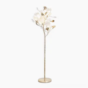 Ginkgo Leaf Floor Lamp full view, sculptural brass-tone metal with ceramic white ginkgo leaves and round marble base on white studio background