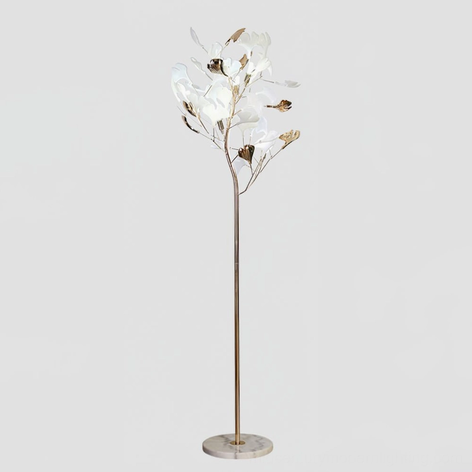 Ginkgo Leaf Floor Lamp white marble round base with gold metal stem and ceramic leaves, architectural botanical sculptural lighting fixture